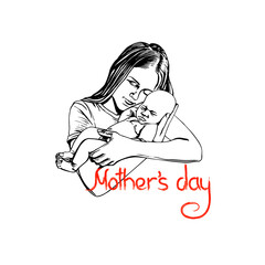 A young woman with a baby, graphic, hand-drawing. A concept for a mother's Day greeting card or a charity initiative. Vector