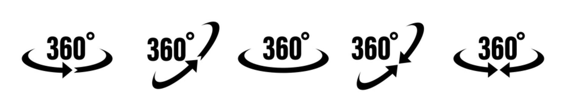 360 degrees vector icon. Round signs with arrows rotation to 360 degrees. Rotate symbol isolated in white background. Vector illustration EPS 10.