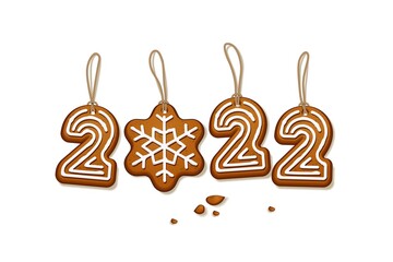 Gingerbread Christmas cookies number 2022. Xmas holiday sweet bread biscuits with sugary icing and strings vector illustration. Traditional winter decoration on white background