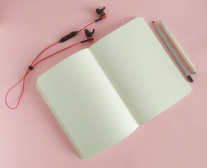 Banner with pen, pencil, wireless headphones for online courses. Education concept