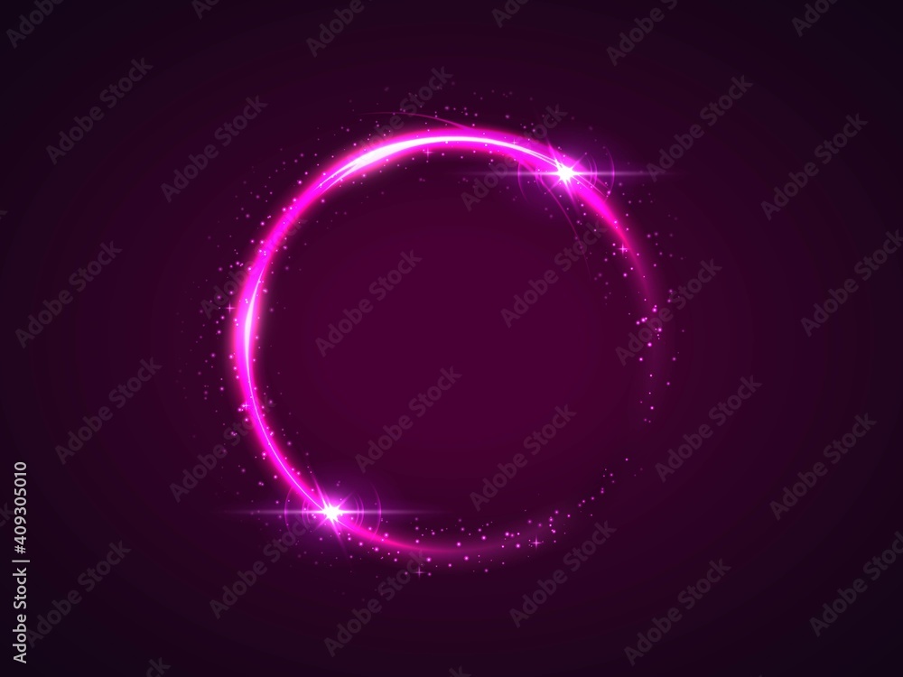 Poster purple shining circle frame illustration. glowing round border with copyspace on violet background. 