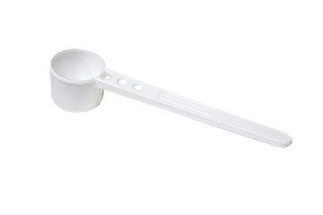 White plastic measuring spoon isolate on a white background close-up.