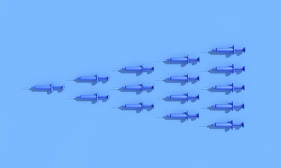 Rows of vaccination syringes lined up on a blue background. 3D Rendering