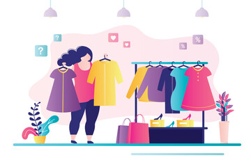 Curvy woman chooses dress in store. Different bright clothes hanging on hanger. Cute female character with overweight