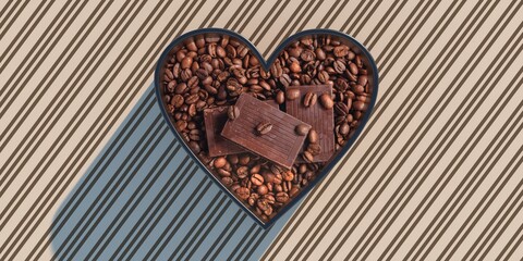 Open empty pink color gift box heart shape with chocolates, top view. 3d illustration