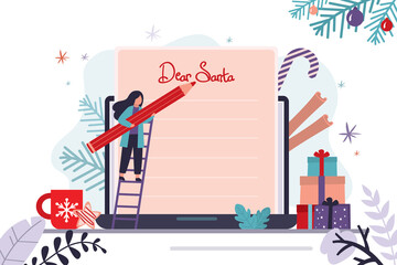 Cute woman writes email with wishes to Father Christmas. Female character with pencil writes online letter to Santa Claus