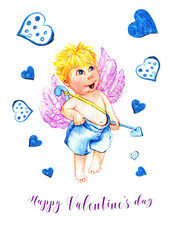 Angel with bow and arrow. Valentine's Day card.