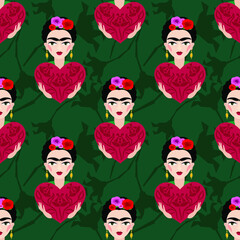 Frida Kahlo with heart. Beautiful vector seamless pattern with woman portrait