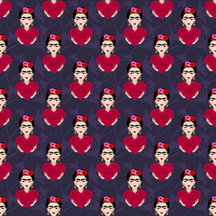 Frida Kahlo with heart gift seamless pattern