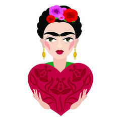 Frida Kahlo with heart. Beautiful vector illustration of woman portrait