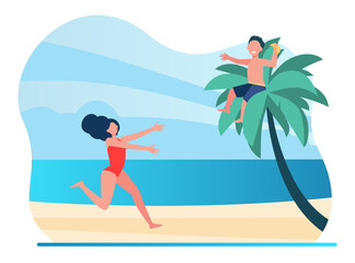Obraz na płótnie Canvas Mom and son enjoying vacation on tropical beach. Boy eating banana on palm top. Flat vector illustration. Vacation, travel, childhood concept for banner, website design or landing web page