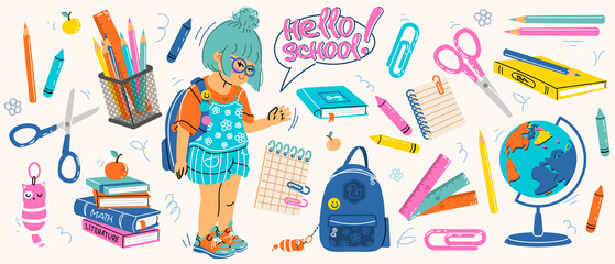 Fototapeta Big set of school supplies. Hello school lettering. Little cute girl is going to study. Children's subjects for study. Vector illustration in a flat style on a white background. All objects are isolat obraz