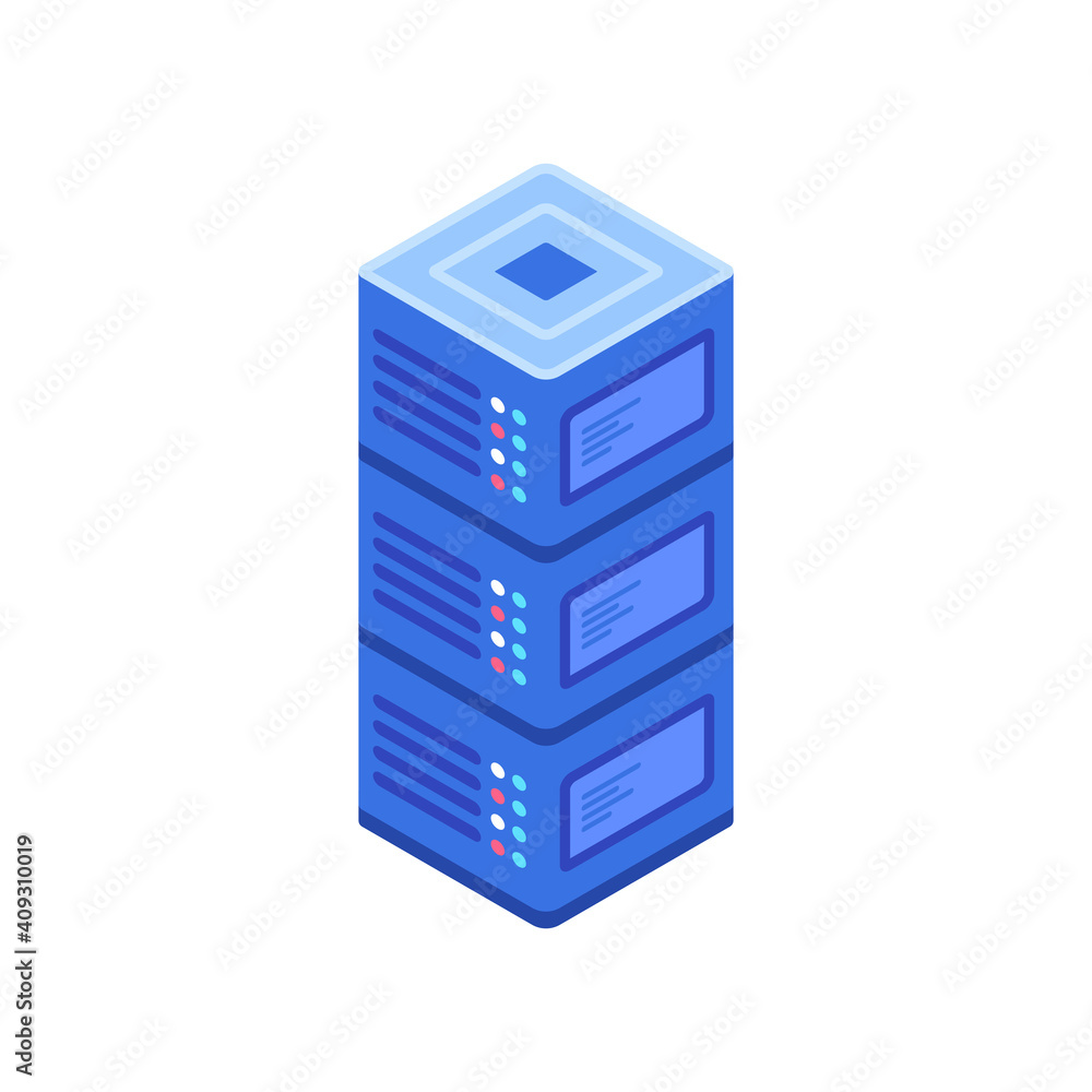 Poster vector illustration of computer servers. isometric servers icon illustration. sever network computer