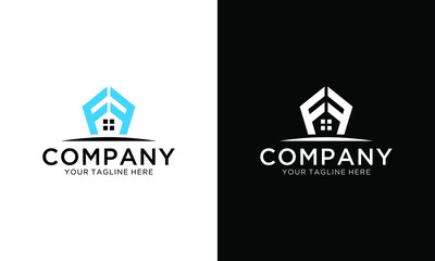 FF initial logo with home icon and blue color, business and property developer logo on a black and white background.