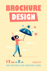 Woman in face masks protecting from virus. Coronavirus, umbrella, walking outdoors flat vector illustration. Virus, pandemic, protection concept for banner, website design or landing web page
