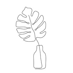 Vector illustration of Monstera Deliciosa leaf in vase. Modern one line art. Can be use as home decor such as posters, wallpapers, tattoo, t-shirt print or embroidery and as social media design