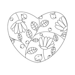 Coloring page heart with birds and flowers.
