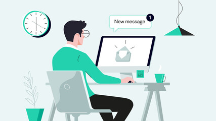 Office Worker Busy Business Man or Freelancer Working on Laptop Sitting at Table Workplace Thinking of Task. Freelance Outsourced Employee Occupation Brainstorm. Cartoon Flat Vector Illustration