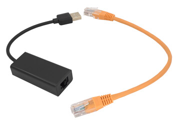 USB network adapter with LAN wire on white