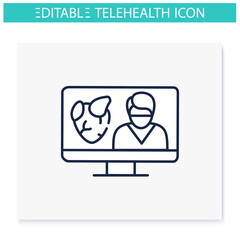 Telecardiology line icon. Telehealth medical care. Virtual cardiologist consultation. Telemedicine, health care concept. Online medicine, cardiology. Isolated vector illustration. Editable stroke