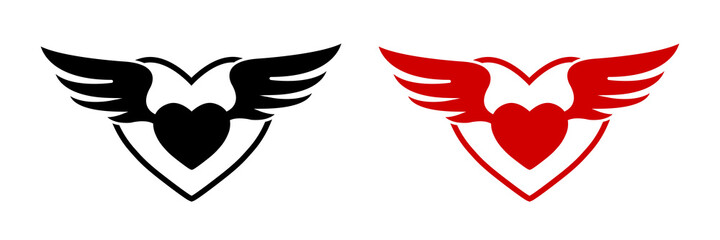 Black and red wings with heart. Wings with heart, logotype. Design elements for Valentine's day. Vector illustration.