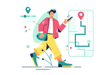 Man walk with navigation vector illustration. Guy uses gps to find address on map flat style. Online map and location application concept. Isolated on white background