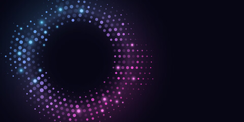 Abstract glittering halftone background. Glowing dots circle for a disco. Futuristic round frame for graphic design. Stylish retro banner. Vector illustration.