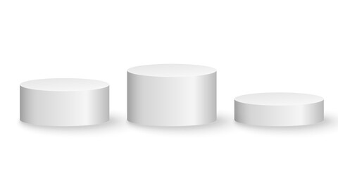 3d platforms isolated on white background. Podium for performance or presentation. Geometric shapes. Empty pedestal. Vector illustration.