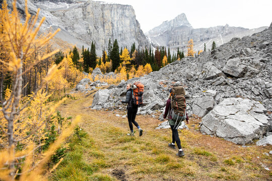 Female backpackers hiking among autumn trees in majestic mountains