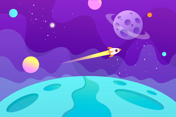 Horizontal space background with flying spaceship and planets.  Web design. Space exploring. Vector childish cartoon illustration. EPS 10. 