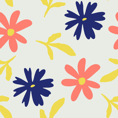 Abstract trendy seamless pattern with random different silhouettes of floral elements  in warm earthy colours. Yellow, beige, dark blue, pink, pastel. Modern textile, branding, packaging.