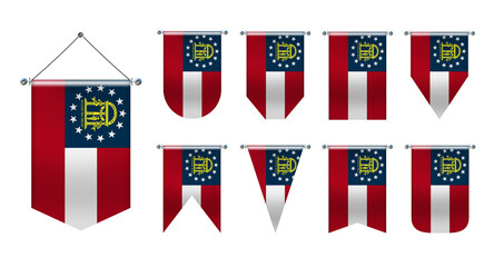 3D Realistic Pennants Hanging Flags of GEORGIA state USA. Vertical Template design set national flags of country for travel, sport, advertising, signboard, website, award, achievement, festival