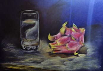 still life with glass and pitahaya pastel paper