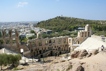 Fototapeta na wymiar A view of the theatre of Herodes Atticus on the the Acropolis and the city of Athens (Greece)