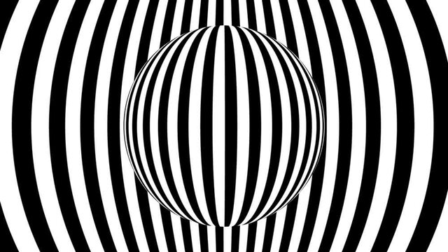 Black and white monochrome optical illusion with geometric pattern, surreal hypnotic seamless looping motion background, psychedelic trendy decorative unreal illusory delusion 3d render animation