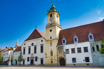 Fototapeta na wymiar Old townhall in Bratislava is one of the most important attractions in Bratislava downtown