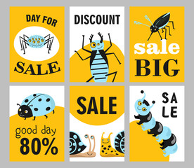 Big sale brochure designs with funny insects for shop or store. Smiling spider, centipede, cockroach, ladybug, snail, mosquito. Promotion and fauna concept. Template for promotional leaflet or flyer