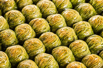 Traditional Turkish baklava with pistachios.
