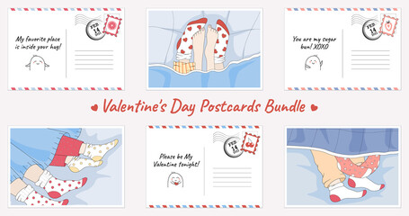 Fototapeta na wymiar Lovely vector picture postcard for Valentine's Day. Valentine's brochure with couples in love in the bed. Love pictures for February 14. Pair of cartoon legs in bed with cute patterns on socks.