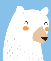 Big White Bear on a Blue Background. Cute Hand Drawn Vector Illustration with Polar Bear. Nursery Art for Woodland Party. Funny Dreamy Bear Print. Infantile Style Design for Kids Room Decoration.