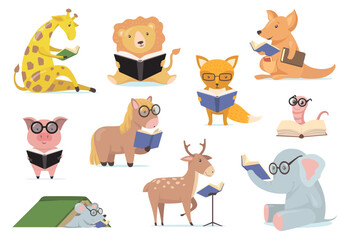 Smart animals in glasses reading books flat set for web design. Cartoon cute elephant, giraffe, lion, fox, pig holding book isolated vector illustration collection. Library and education concept