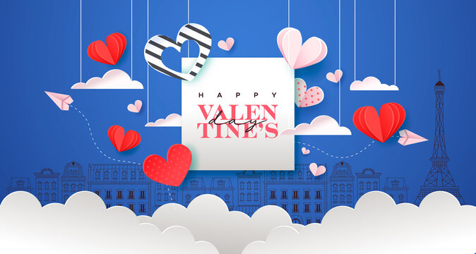 Valentine's Day pink paris city paper cut heart card