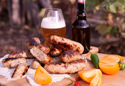 Grilled pork sausages and beer