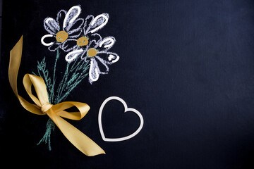 Postcard for the holiday of Valentine's Day, birthday, women's day. Blackboard with chalk-drawn flowers. Banner, postcard.