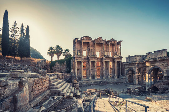 Effesus, Turkey. An ancient city, ruins of an old Celsus library , empty site during the covid 19 pandemic