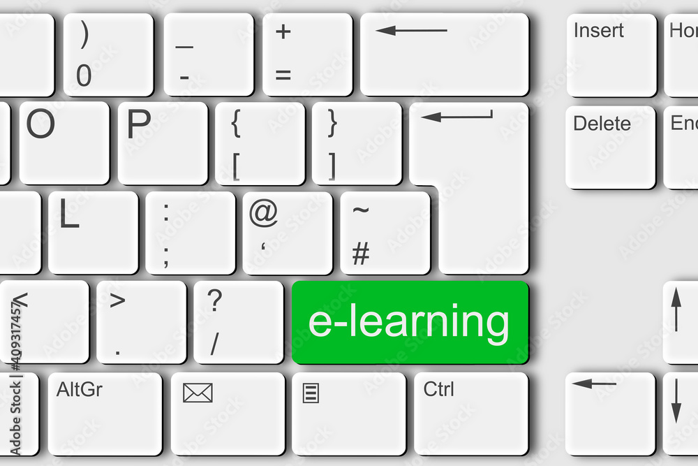 Poster e-learning concept pc computer keyboard 3d illustration
