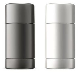 Deodorant stick. White, black bottle mockup blank. Glossy plastic cosmetics packaging for antiperspirant or balm. Beauty peoduct tube mock up. Realistic deodorant pack