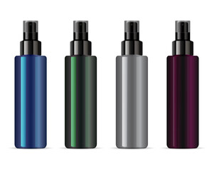 Cosmetic spray bottle mockup, clear vector packaging with pump dispenser cap. Atomizer dispenser cylinder package. Aerosol spray product template. Deodorant or hairspray illustration