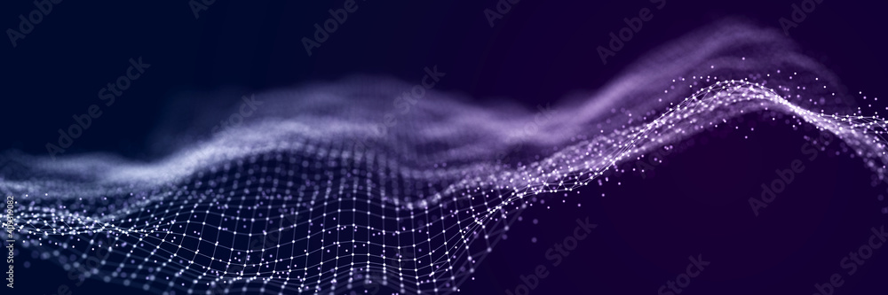 Poster Connected polygons in a geometric background. Cybernetic particles network connection 3d rendering.