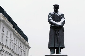 Jozef Pilsudski Monument at winter. Military leader, Marshal of Poland and one of the main figures responsible for Poland's regaining its independence. Warsaw, Poland  - obrazy, fototapety, plakaty